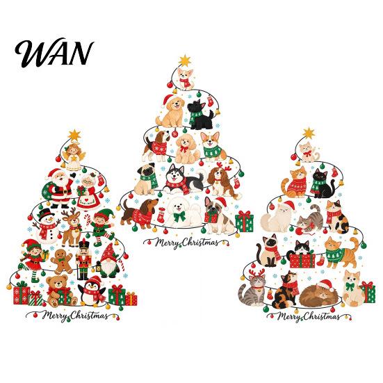 Window And Glass Decorations Christmas Tree Shape Wall Stickers with Xmas Elements/Puppy/Kitten Patterns, Self-Adhesive PVC Decals, Decorative Nursery