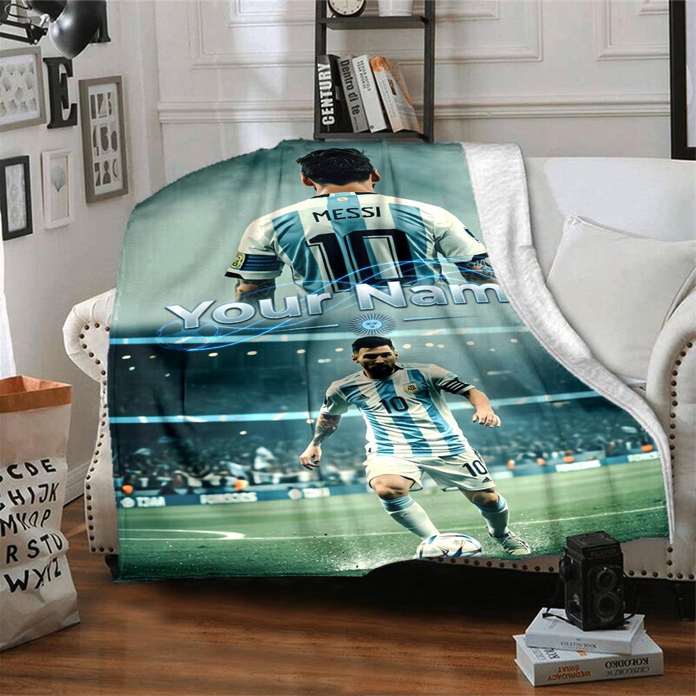 Football Messi Personalized Text Blanket Gift Customizable Blanket Soft Warm Cozy Throw For Picnics Nap Bed Sofa Ideal for All Seasons