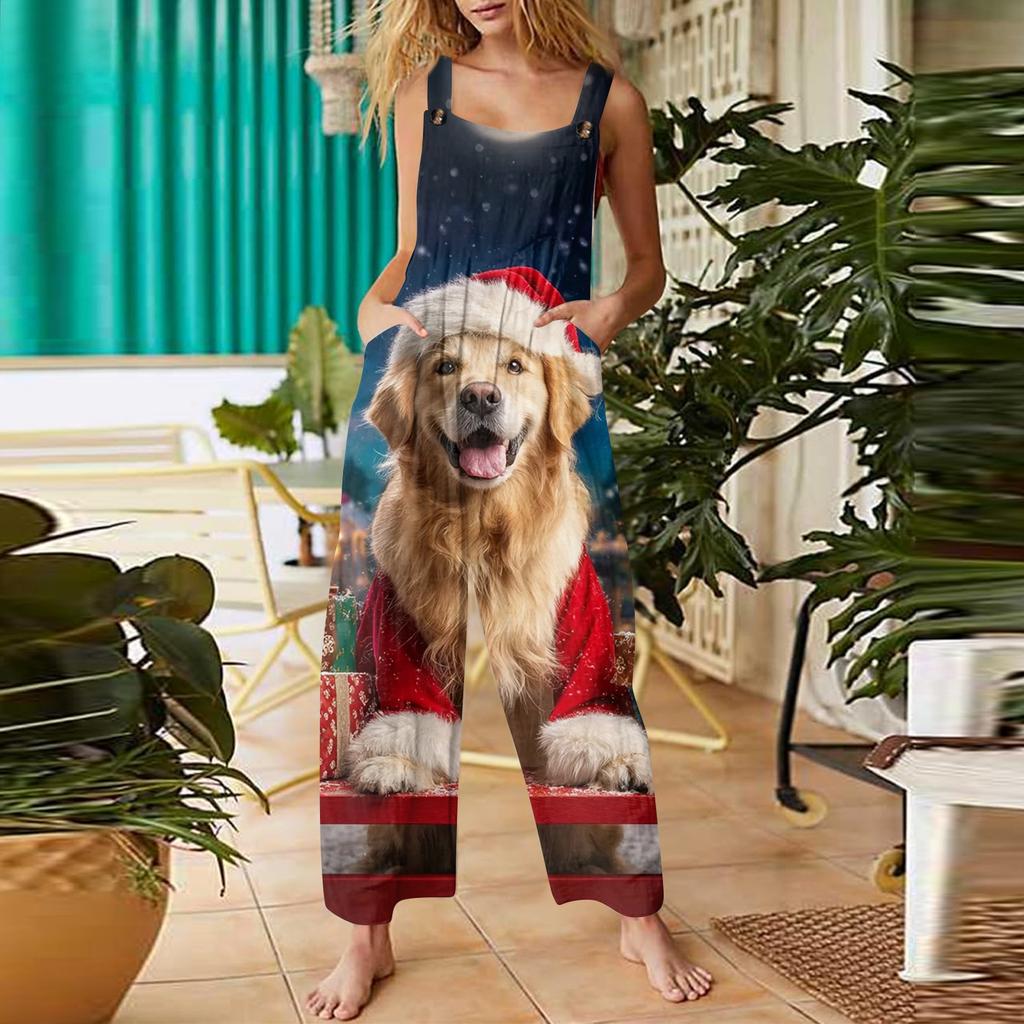 Женский повседневный комбинезон с рождественским принтом, хлопковый комбинезон без рукавов с принтом