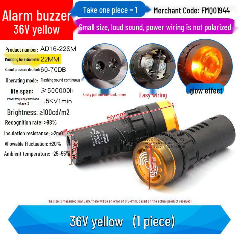 Buzzer with Intermittent Sound and LED Flashing Alarm AD16-22SM, Compatible with AC/DC 12V-220V