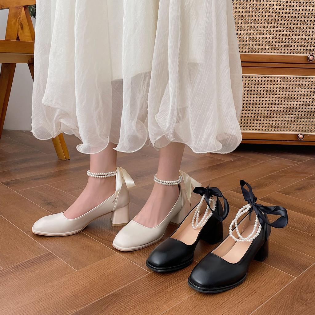Туфли Мэри Джейн 2025 года, новые туфли с цепочкой и жемчугом, на высоком каблуке с квадратной головкой, с толстым каблуком, с легким ртом, универсальные одинарные туфли