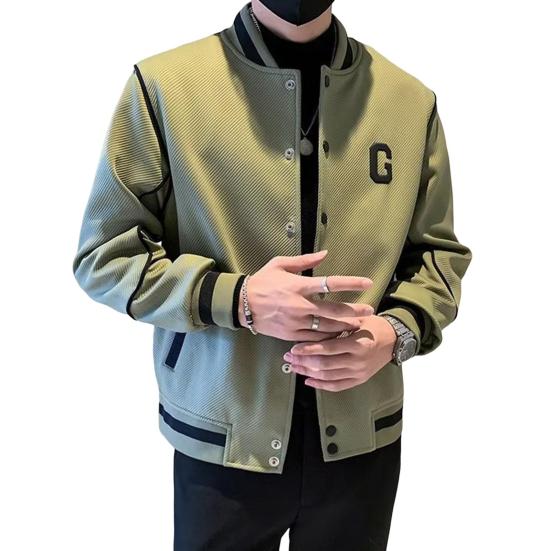 Men Baseball Coat Long Sleeve Single-Breasted Jacket with Letters Print Baseball Collar Outdoor Sports Outerwear