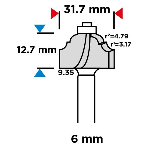 Shaped cutter with bearing, decorative, HM, 31.7 x 12.7 mm, 6 mm shank
