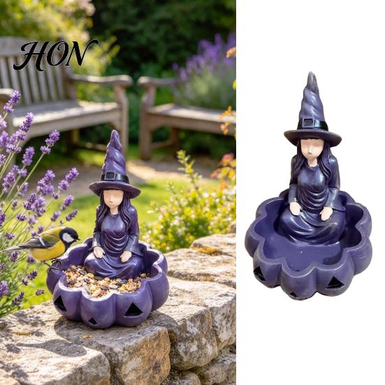 Cute Witch Figurine Meditating Garden Bird Feeder, Halloween Resin Sitting Statue Outdoor Feeder Wall Mounted for Deck Yard Porch Decor Decorative