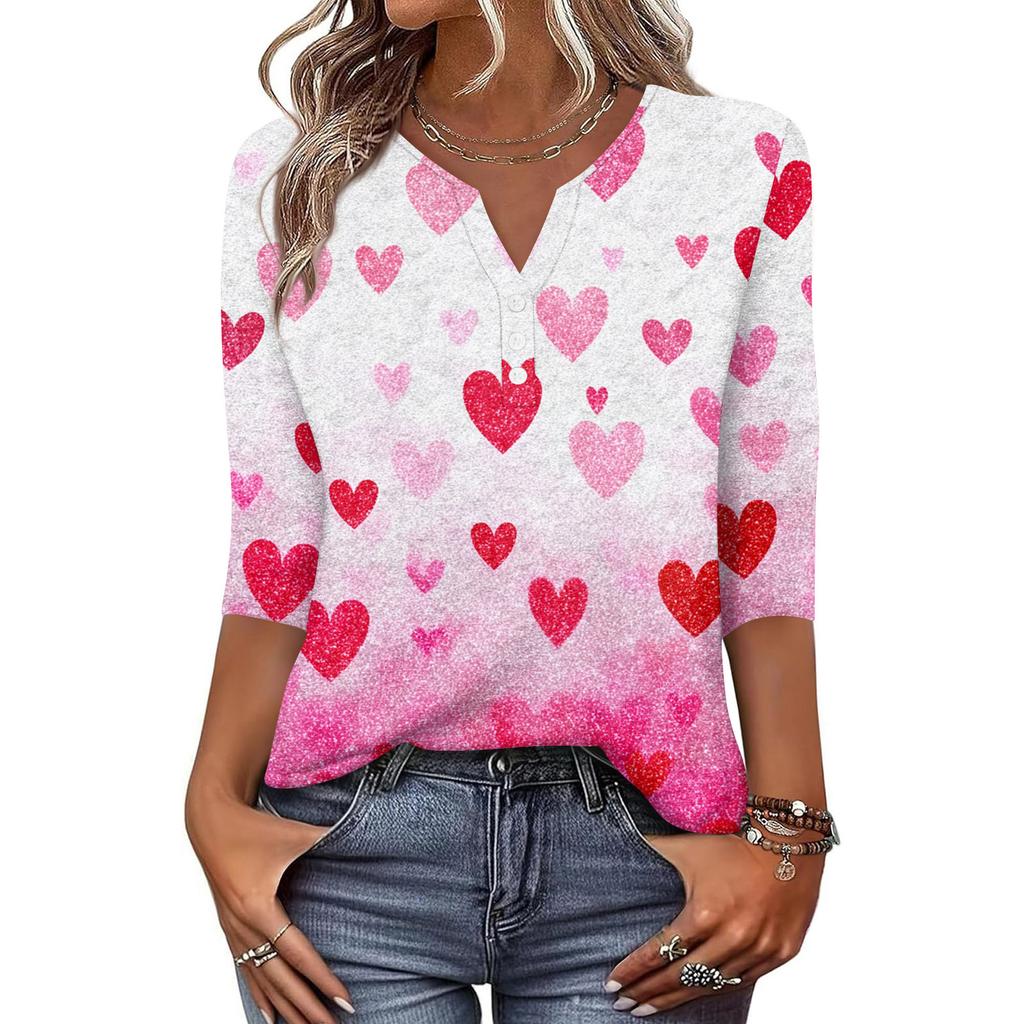 Жен. Футболка С принтом Пуговицы Рукав 3/4 Повседневные Выходные Мода Классический Классический V-образный вырез Обычный Верх