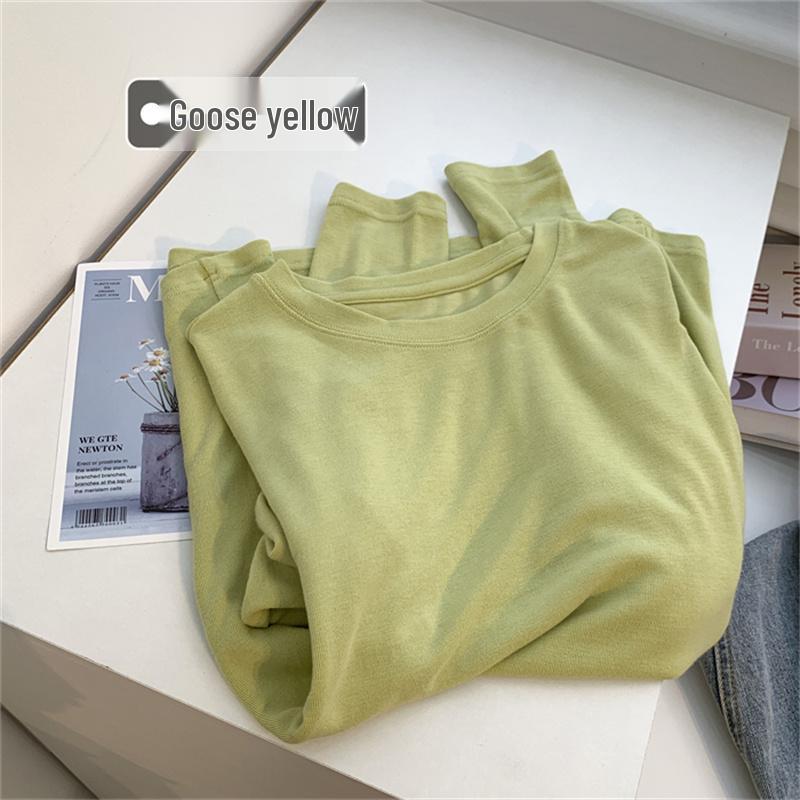Women's Glutinous Rice Crew Neck Long Sleeve Soft T-Shirt - Spring Friendly, Solid Color, Drapey Base Layer.