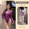 Purple Sexy Pajamas Mesh Lace Sheer V Neck Erotic Lace Mesh Trumpet Sleeve Jumpsuit Body Suits Women Rompers Sweet YVP7