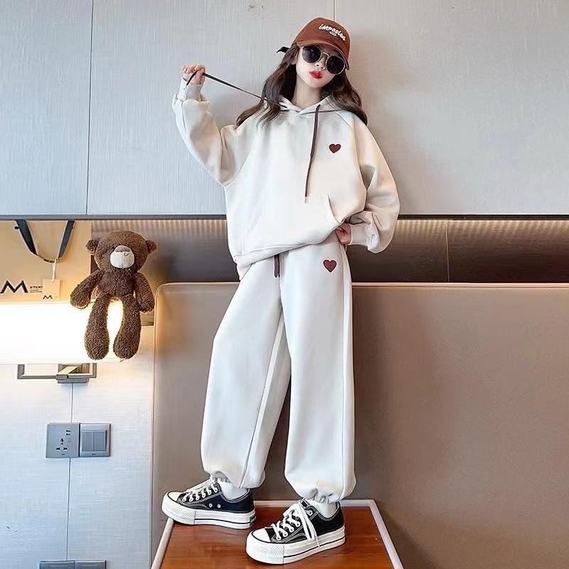 Девочки Зима Осень Мода Ins Ootd Корейский Стиль 2 шт Толстовка с Капюшоном + Брюки Спортивные Костюмы 6-14 лет Детская Повседневная Одежда Комплекты