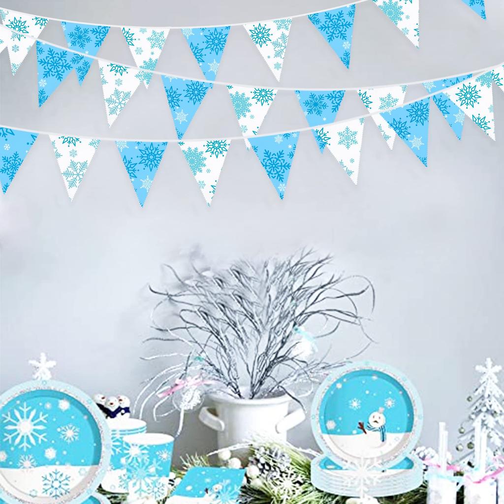 PinkBlume Winter Blue and White Snowflake Triangle Flag Fabric Garland Banner Party Decoration, Approximately 10m Long, Light Blue and White