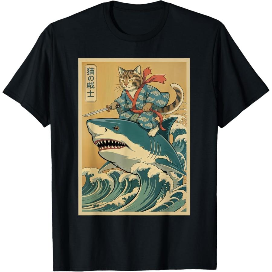 CHJLGODGOOD Vintage Samurai Cat Riding Shark Funny Japanese T-Shirt