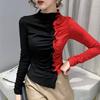 Half High Collar Irregular Spring New Women's Spliced Color Blocked Pleated Fungus Lace Slim Long Sleeved T-shirt Tops
