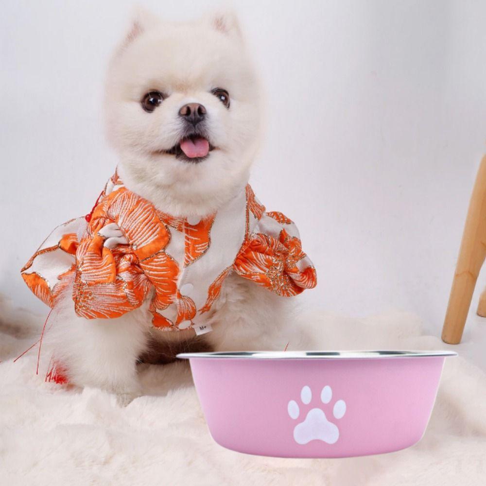 Large Capacity Stainless Steel Dog Bowl Non-slip Non-rust Dog Water Bowl Pet Feeders Cat Paw Pattern Cat Feeding Bowl Home