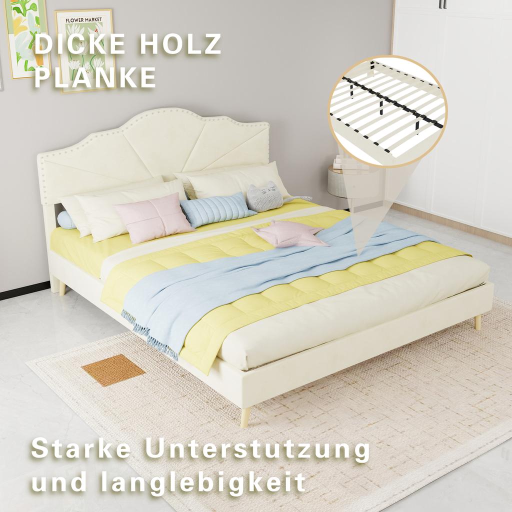 Modern minimalist soft bed, comfortable and soft headboard, 160*200CM, beige, low box bed frame does not include gas rod, does not include mattress.