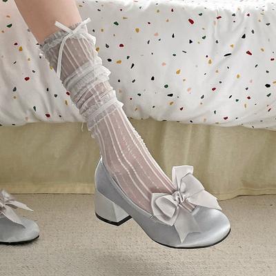 Серебристые французские милые туфли Мэри Джейн с бантом, на толстой подошве, увеличивающие рост, с открытым вырезом, женские, весна 2025, туфли к юбке