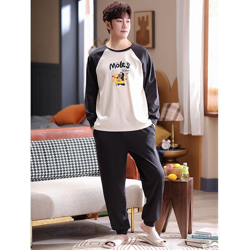 Двусторонняя хлопковая пижама с длинными рукавами и рисунком для пар для мужчин – повседневная одежда на осень/зиму