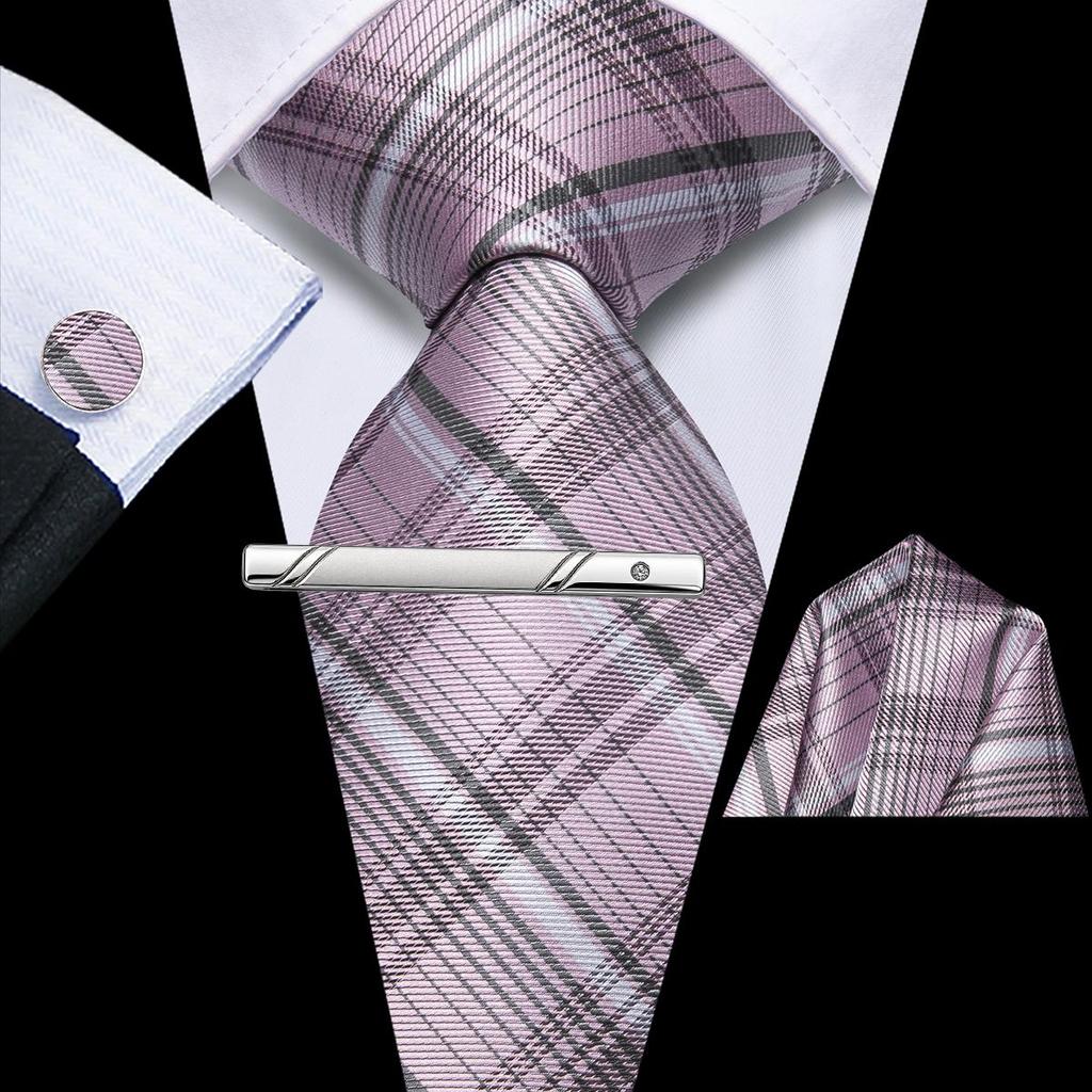 Hi-Tie Men Formal Necktie 4 Pieces Set Handkerchief Cufflink Tie Clip Random Cufflinks Pattern for Formal Wedding Business