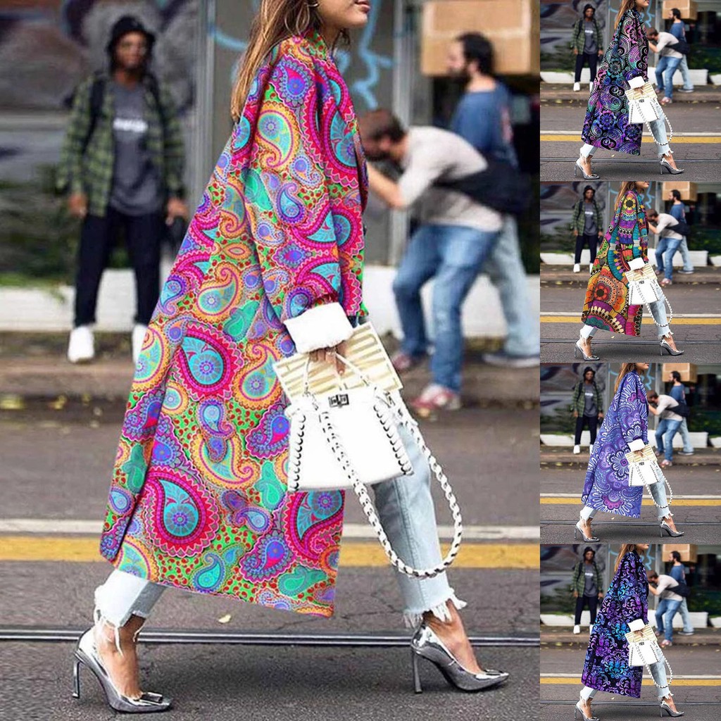 Fashionable Women's Printed Pocket Double Breasted Coat Cardigan Coat