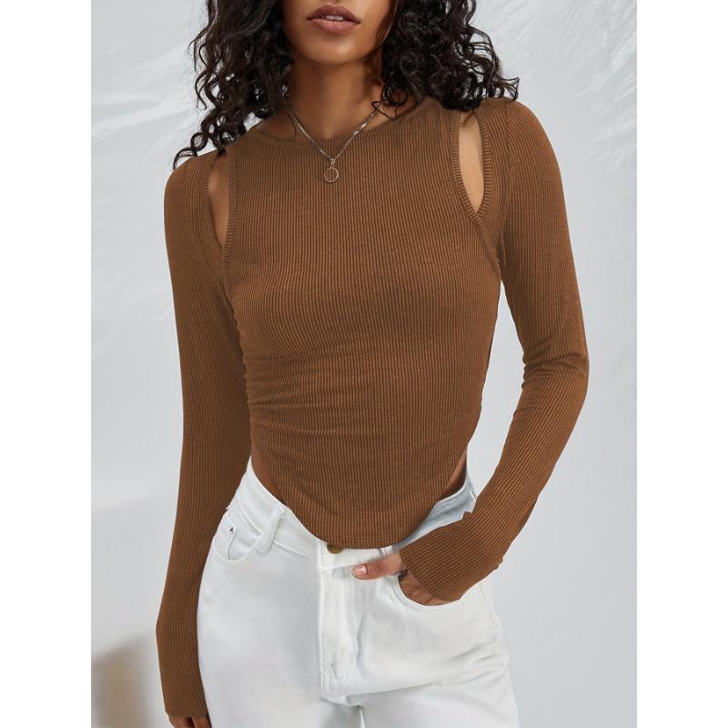 Весна и осень женский полый нерегулярный круглый вырез вязаный сексуальный модный топ с длинными рукавами