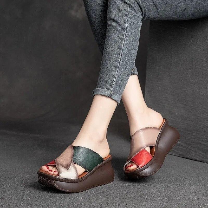 Johnature Женские тапочки на танкетке с открытым носком в стиле ретро, ​​шлепанцы из натуральной кожи на толстой подошве, модная обувь на платформе