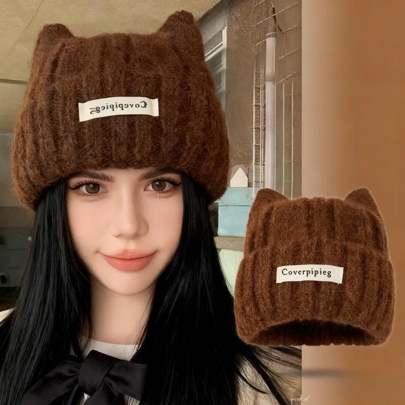 Зимняя теплая шапка-бини с ушками кошки для женщин, защита ушей, однотонная, вязаная крючком, шапка-бини, милая женская вязаная шапка, шапка-бини