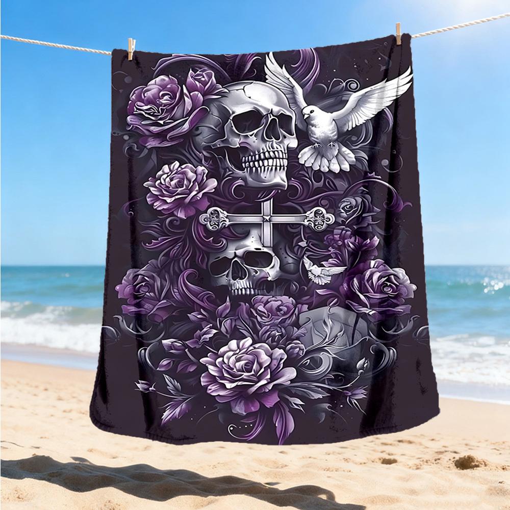 1pc Skull Roses Cross Outdoor Flannel Blanket , Machine Washable Perfect Gift for Birthday , Holiday Travel Accessory , Durable Material