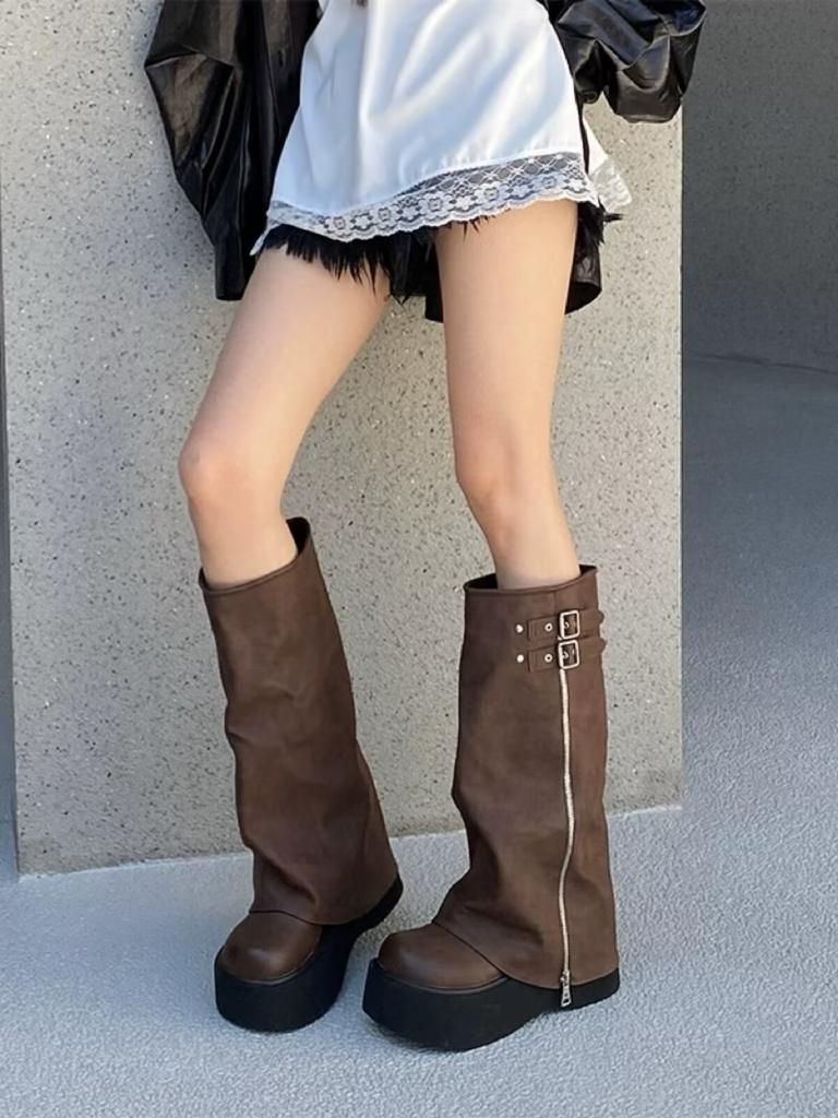 Winter Women Biker Boots Fashion Belt Buckle Ladies Platform Wedge Heel Long Pipe Booties Casual Women's Knee High Booties Q121