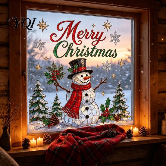 Xmas Living Room Wall Art Christmas Window Stickers, Winter Holiday Decorations, Festive with Tree Removable Deer Snowflake Decals Snowman Angel
