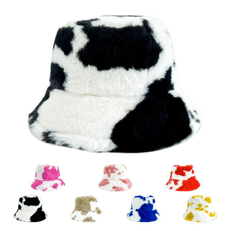 Autumn and Winter Hat Female Sweet Cute Cow Plush Bucket Hat Big Head Circumference Warm Thickened Plush Basin Hat Bucket Hat