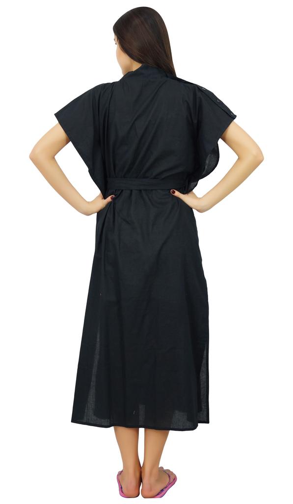 Bimba Nursing Black Cotton Kaftan With Belt Front Buttons Maternity Night