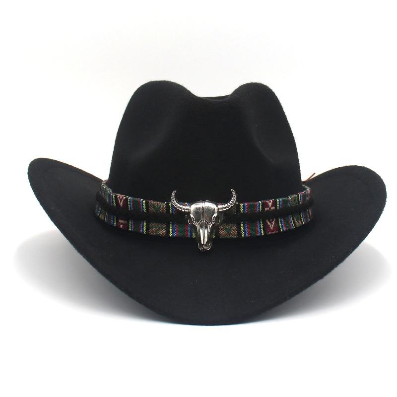 Western Cowboy Hat Cow Head Accessories Cowboy Hat Monochrome Felt Hat Women Big Brim Outdoor Knight Hat Autumn Winter Jazz Hat