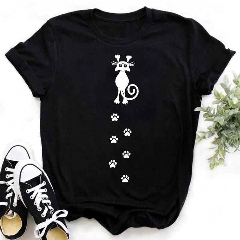 100% Polyester Women's Summer Casual Top with Cute Cat Dog Paw Print round Neck Short Sleeve T-shirt Fashion High Street Style gift