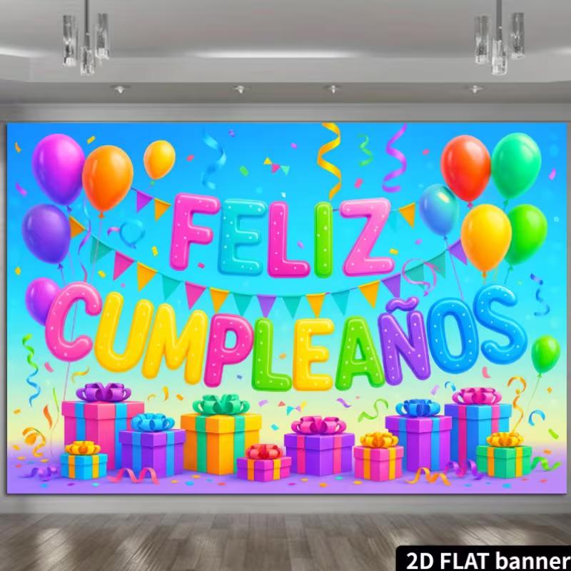 Яркий гобелен Feliz Cumpleaños, 2D, с цветными воздушными шарами и подарочными коробками, для фотозоны