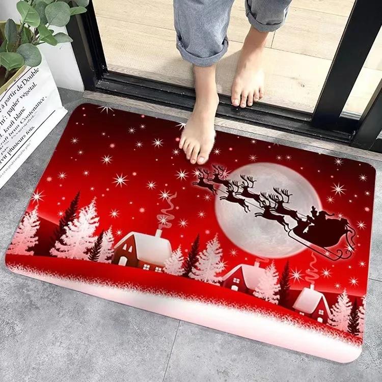 Christmas Themed Door Mat With Festive Patterns Bells Reindeer Sleigh NonSlip Durable Entrance Rug Indoor Outdoor Home Decor
