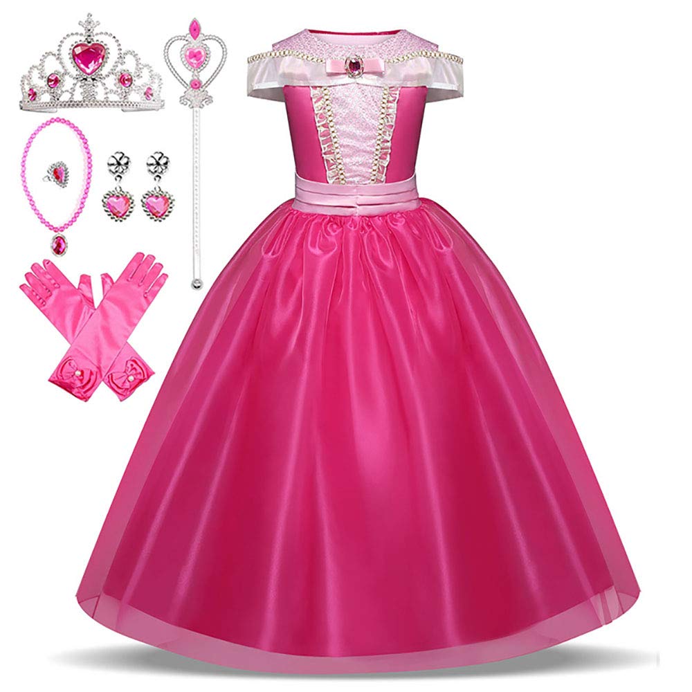 [EKALA] Princess Aurora Dress Children's Dress Cosplay Cindere Frozen Princess Dress Costume Luxury 7 Piece Set Pink (Princess Dress, Heart Tiara,
