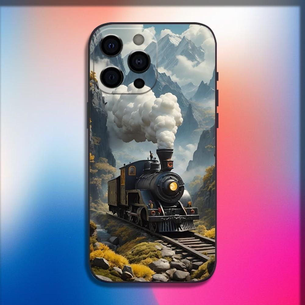 Классический паровоз Железная дорога Чехол для телефона Для iPhone 16,15,14,13,12,11,Pro,X,XS,Max,XR,Plus,Mini Мягкая Черная Крышка
