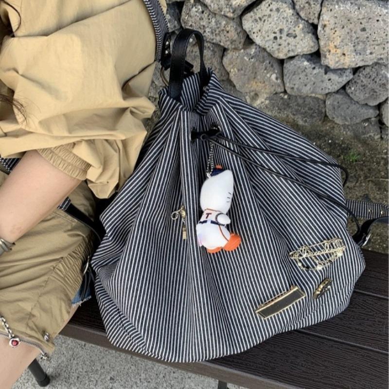Корейский полосатый холщовый рюкзак: Женская Повседневная, Универсальная, Вместительная, Модная на Лето 2025