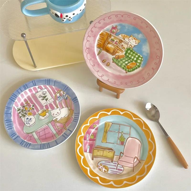 Милая и игривая мультяшная керамическая тарелка корейская высокая эстетика бытовая посуда десертная тарелка салатная тарелка для завтрака керамическая плоская