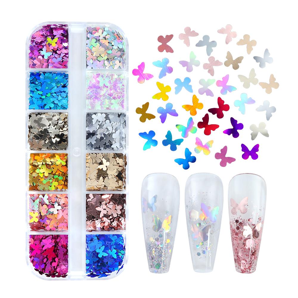 12Grids 3D Butterfly Shape Sequin Nail Art Glitter Flakes Mixed Mini Paillette Sparkly DIY Nail Art Decortion Nails Accessories