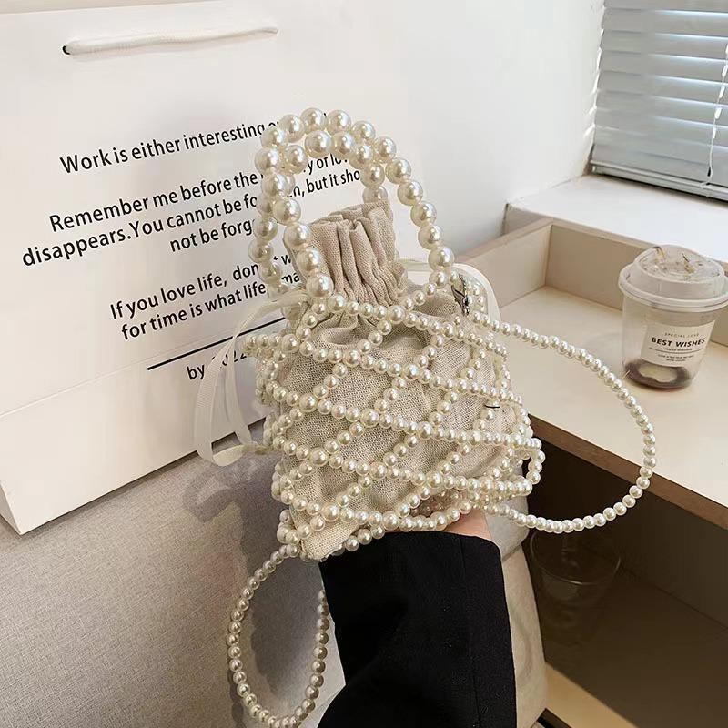 Французская ретро-сумка-ведро, плетеная бисерная сумка-ведро, переносная сумка-мессенджер, летняя сумка с ажурным жемчугом и нишевым дизайном