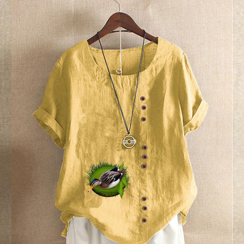 Women's Fashion Duck Prined Round Neck Short Sleeve T-shirt Casual Cotton Linen Graphic Shirt Leisure Loose Summer Blouse Tops