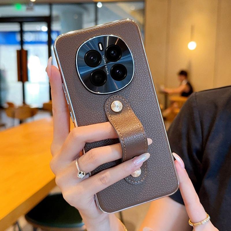 Подходит для браслета чехла для мобильного телефона Honor magic7Pro Honor magic7 однотонная кожа личи узор Magic 7 гальванизированный серебряный край
