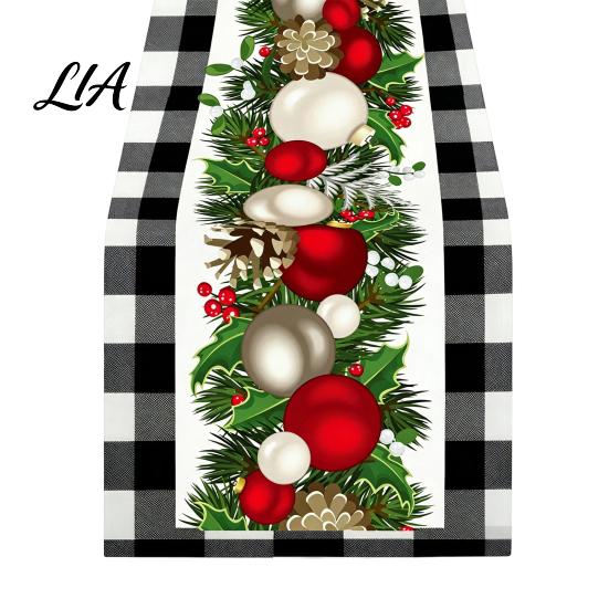 Dining Table Runner Christmas Runner, Xmas Tree Ball Reindeer Print Seasonal Accessories Tablecloth, Winter Holiday Party Decoration Coffee