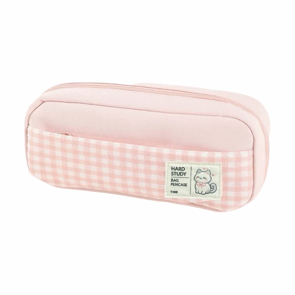 Gingham Check Pencil Case Pastel Color Pencil Pouch Portable Stationery Storage Bag Back To School