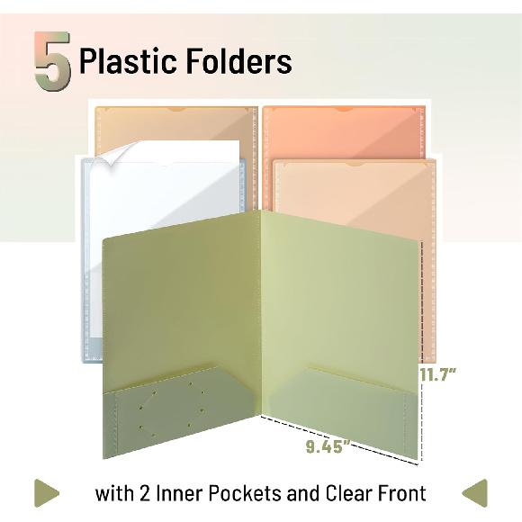 Mr. Pen- Plastic Folders with Front Pocket, 5 pcs, Assorted Colors, 2 Pocket Folder