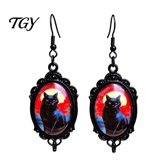 Niche Design Transparent Time Gem Jewelry 1 Pair Halloween Gothic Black Cat Earrings for Women, Vintage Durable Zinc Alloy Retro Dark Punk Style