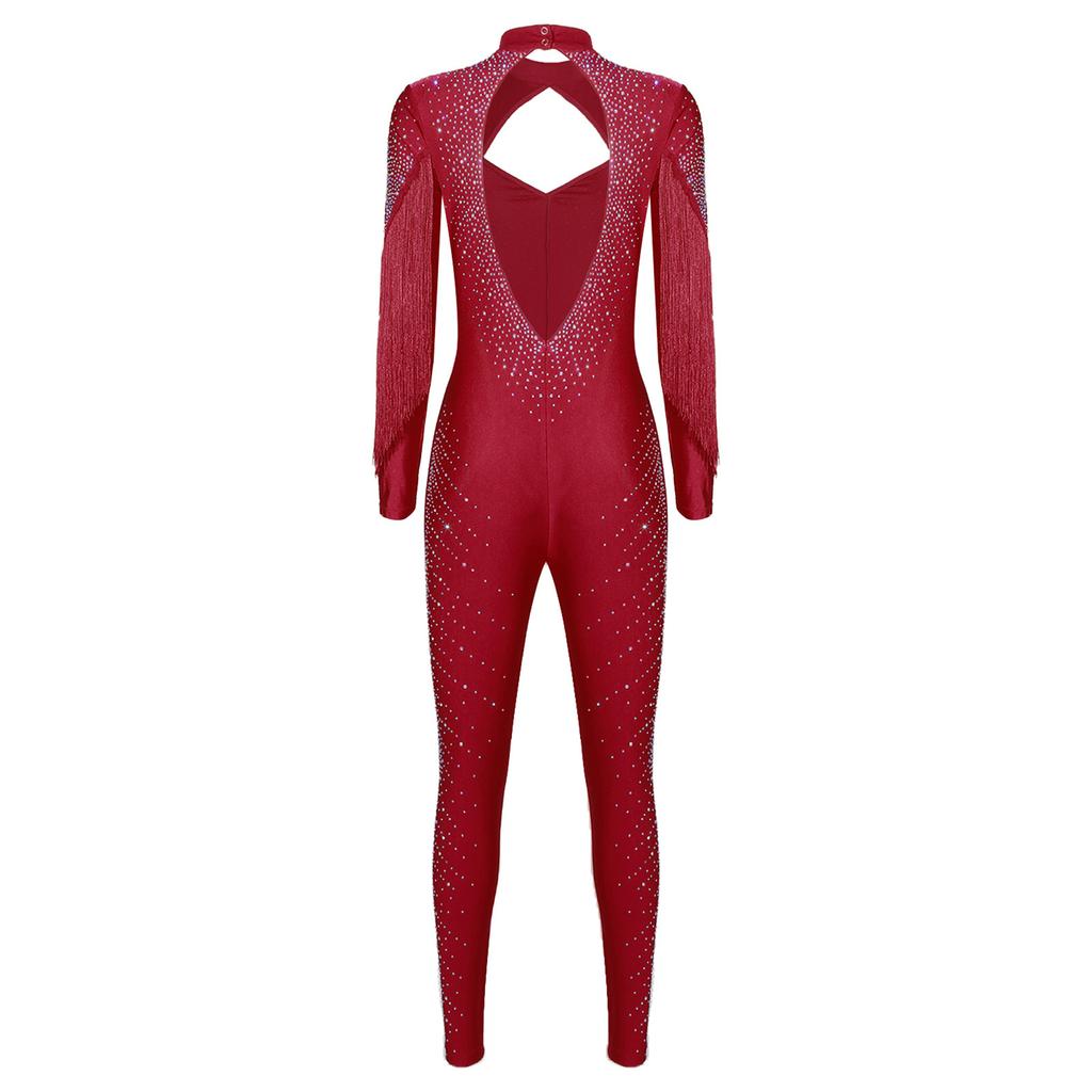 Womens Figure Skating Jumpsuit Glittery Rhinestone Long Sleeve Tassel Front Design Hollow Out Back One Piece Romper