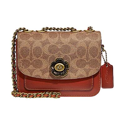 Сумка на плечо Madison 16 Camellia Поворотная застежка Фирменный логотип Подвеска Color Blocking Телячья кожа и кожа Маленькая квадратная Сумка через плечо Женская Коричневый