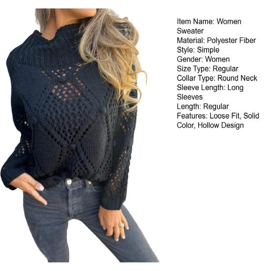 Женский свитер с круглым вырезом и длинным рукавом, ажурный дизайн, жаккардовый декор, вязаные топы, однотонный свободный покрой, повседневный свитер