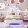Upholstered Bed 90x200cm, Crown-shaped Princess Bed, Slatted Frame, LED Color-changing Light, PU Material, Adult/youth, Without Mattress