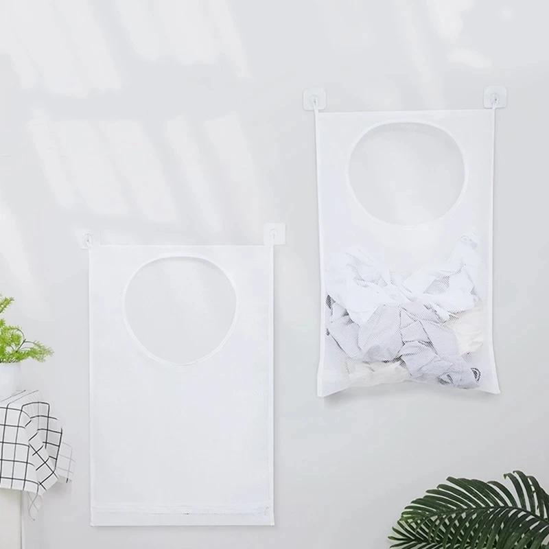 Dirty Clothes Storage Bag Basket Foldable Mesh Laundry Bathroom Wall Hanging Household Clothing Organizer With Hook